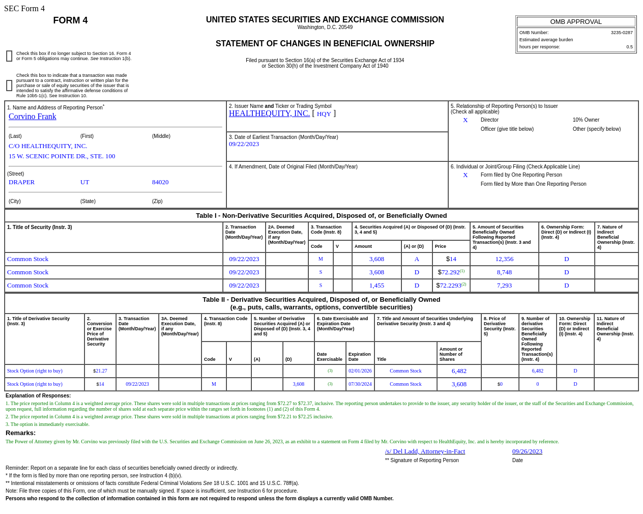 HealthEquity(HQY.US)董事售出5,063普通股股份，价值约36.59万美元